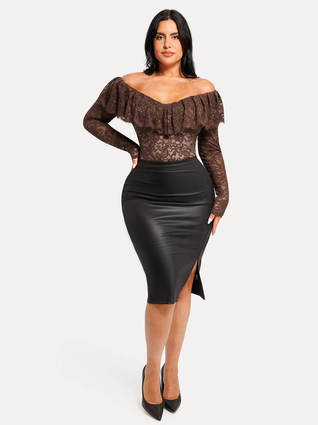 Popilush® Shapewear Deep V Ruffle Lace Long Sleeve Bodysuit