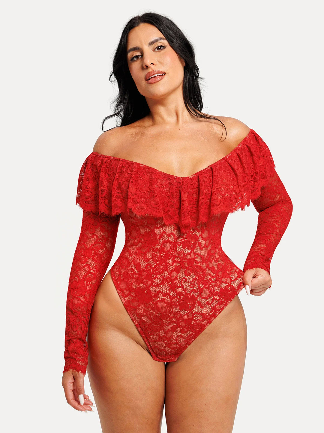 Popilush® Shapewear Deep V Ruffle Lace Long Sleeve Bodysuit