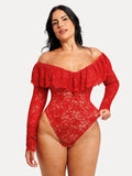 Popilush® Shapewear Deep V Ruffle Lace Long Sleeve Bodysuit