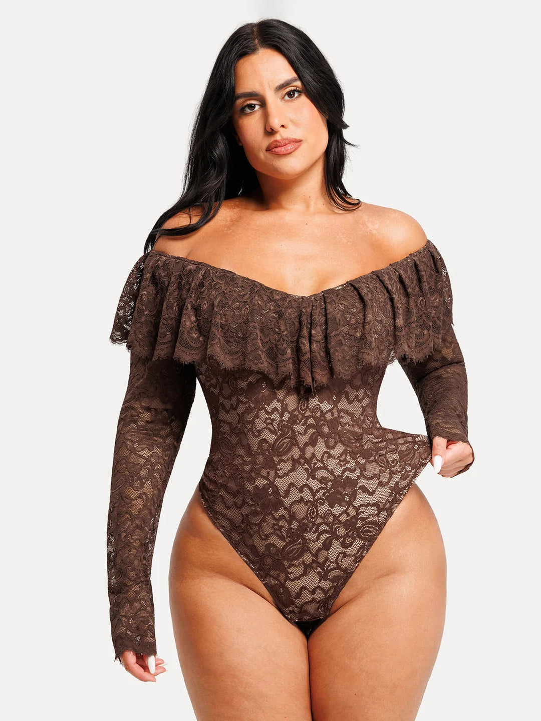 Popilush® Shapewear Deep V Ruffle Lace Long Sleeve Bodysuit