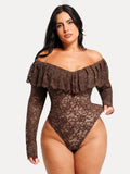 Popilush® Shapewear Deep V Ruffle Lace Long Sleeve Bodysuit
