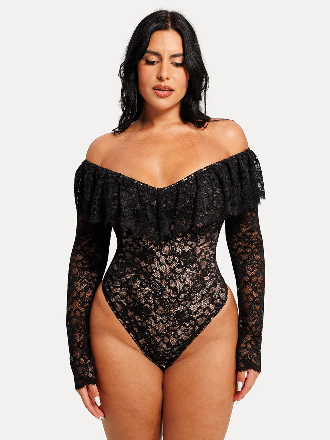 Popilush® Shapewear Deep V Ruffle Lace Long Sleeve Bodysuit