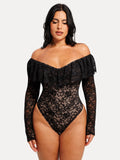 Popilush® Shapewear Deep V Ruffle Lace Long Sleeve Bodysuit