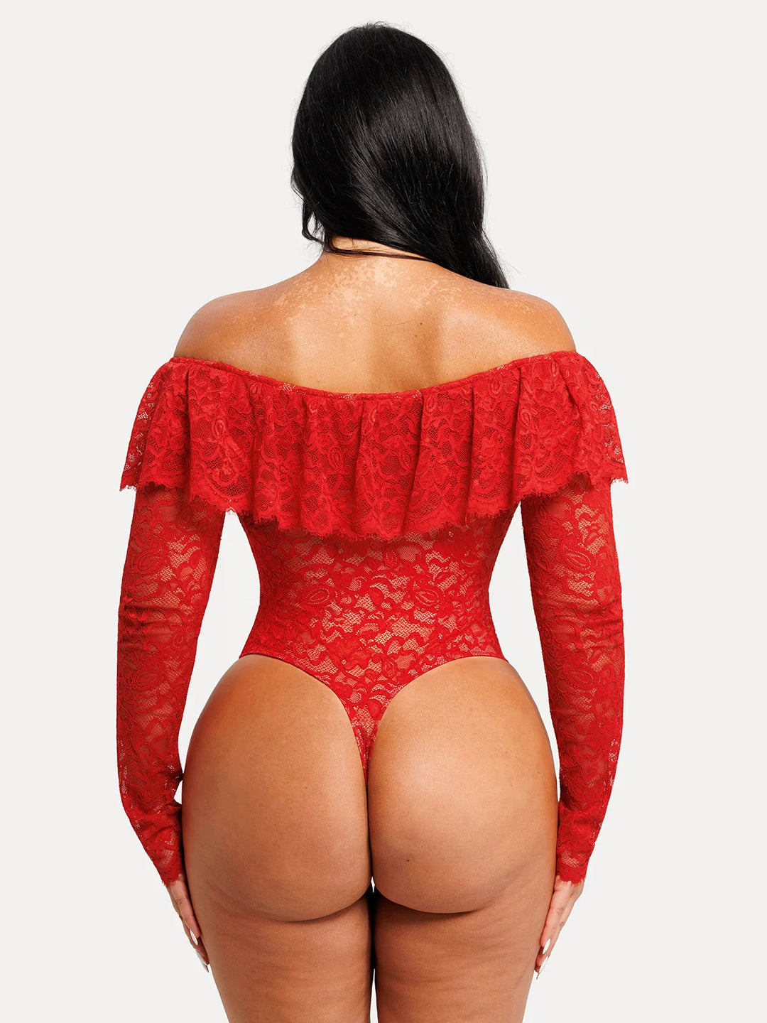Popilush® Shapewear Deep V Ruffle Lace Long Sleeve Bodysuit
