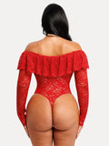 Popilush® Shapewear Deep V Ruffle Lace Long Sleeve Bodysuit
