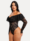 Popilush® Shapewear Deep V Ruffle Lace Long Sleeve Bodysuit
