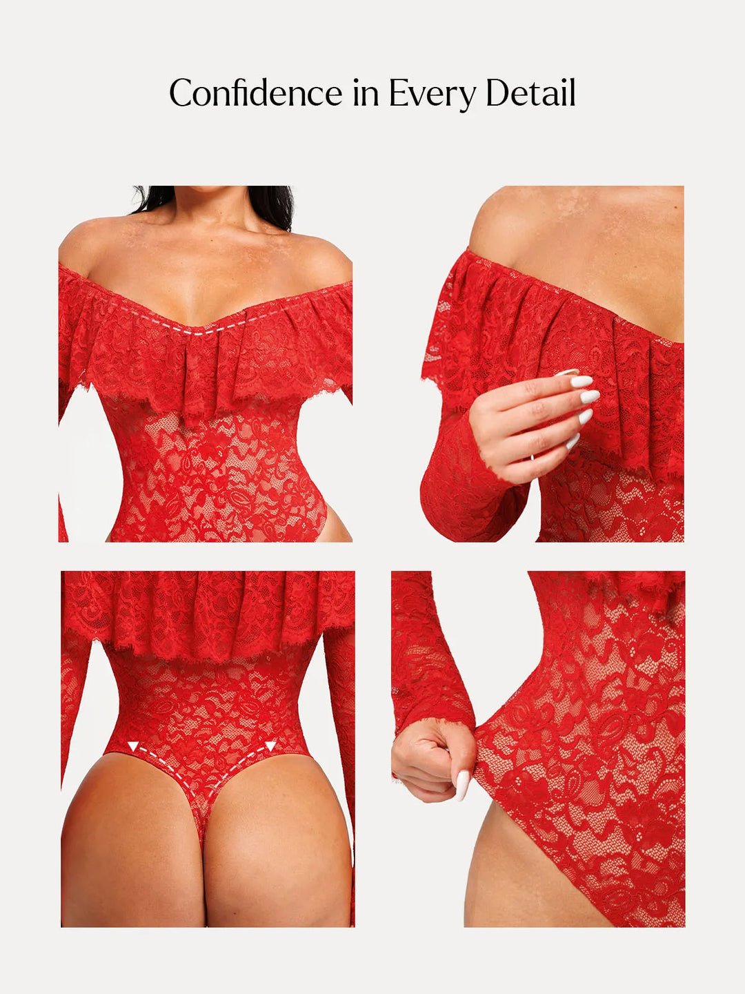 Popilush® Shapewear Deep V Ruffle Lace Long Sleeve Bodysuit