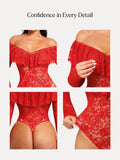 Popilush® Shapewear Deep V Ruffle Lace Long Sleeve Bodysuit