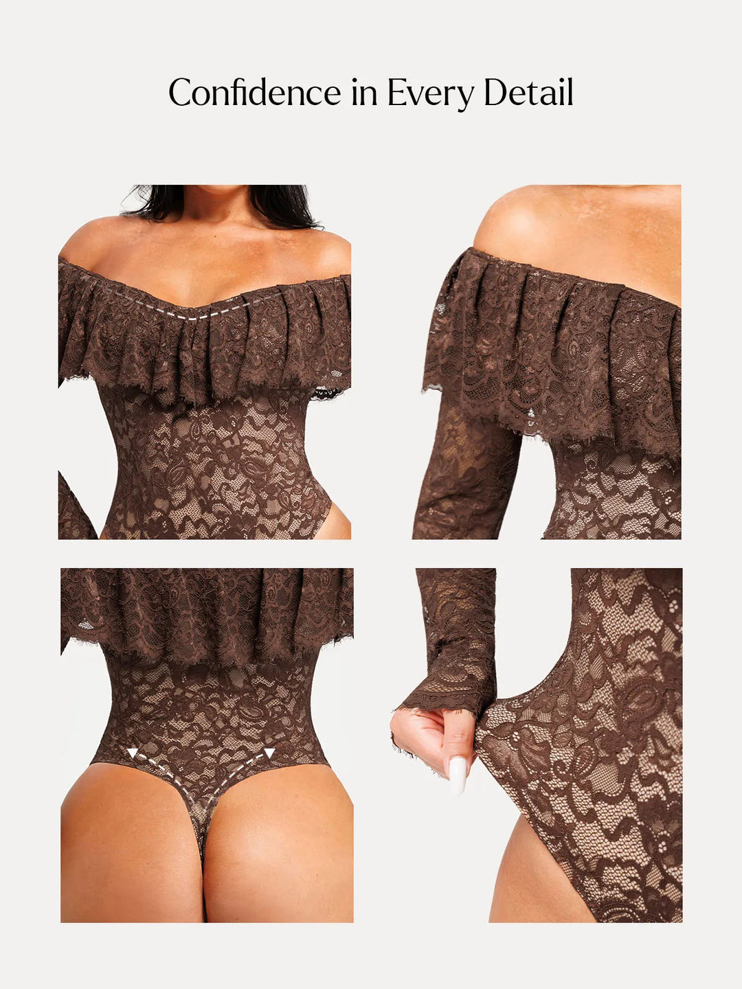 Popilush® Shapewear Deep V Ruffle Lace Long Sleeve Bodysuit
