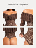 Popilush® Shapewear Deep V Ruffle Lace Long Sleeve Bodysuit