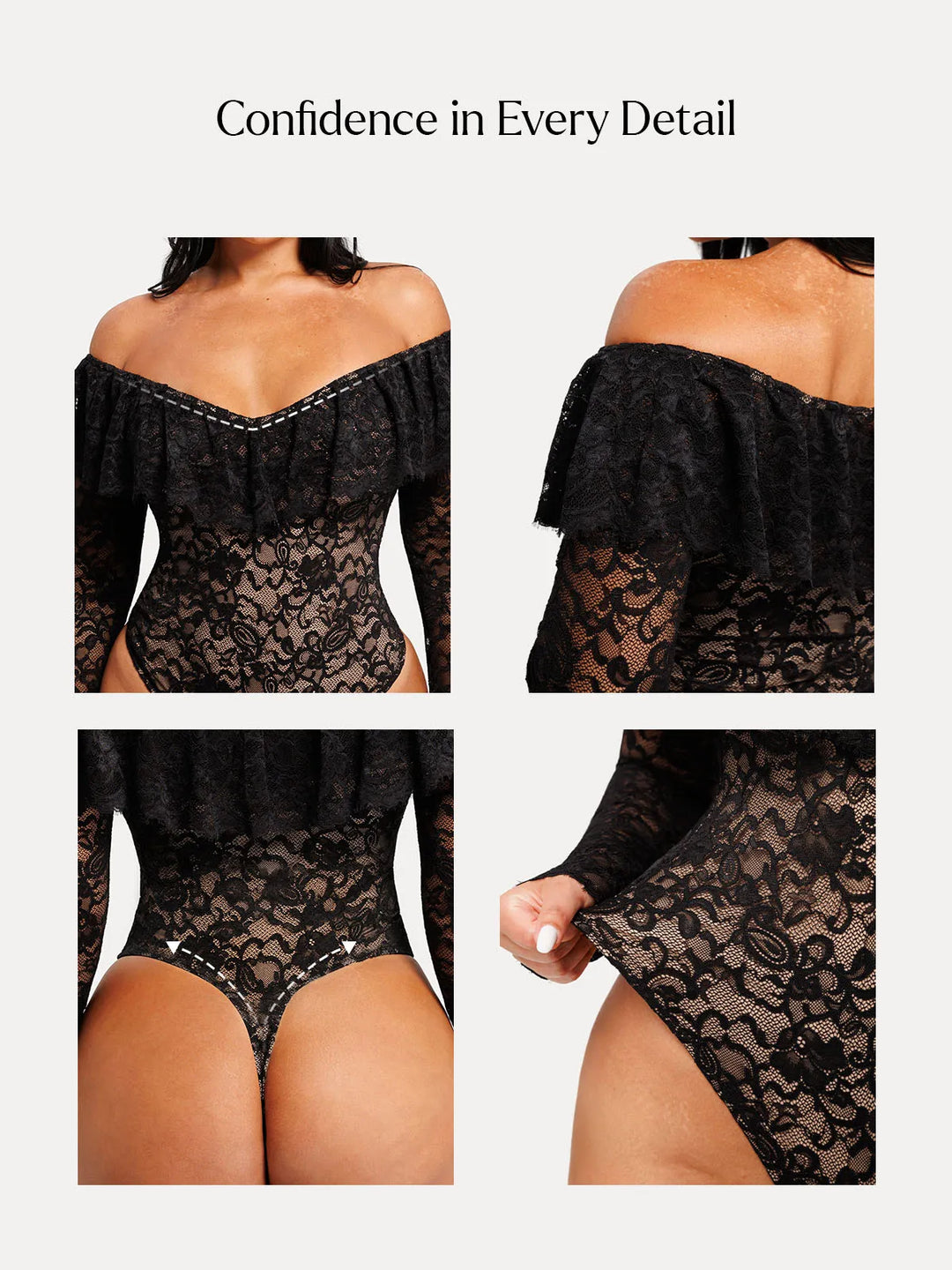 Popilush® Shapewear Deep V Ruffle Lace Long Sleeve Bodysuit