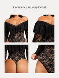 Popilush® Shapewear Deep V Ruffle Lace Long Sleeve Bodysuit