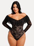 Popilush® Black / XS Shapewear Deep V Ruffle Lace Long Sleeve Bodysuit