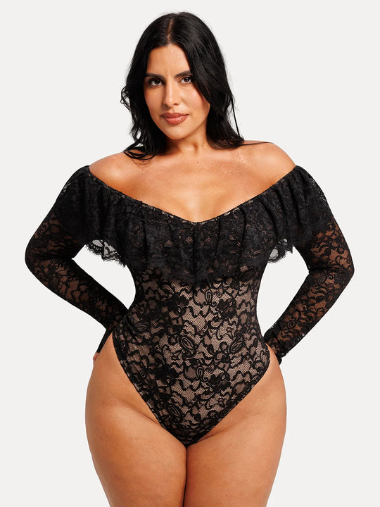 Shapewear Deep V Ruffle Lace Long Sleeve Bodysuit