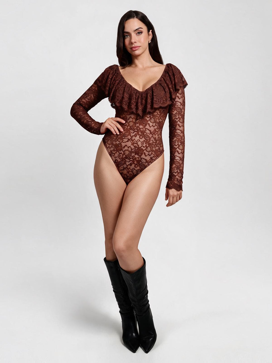 Popilush® Brown / XS Shapewear Deep V Ruffle Lace Long Sleeve Bodysuit