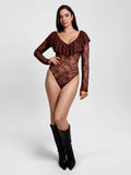 Popilush® Brown / XS Shapewear Deep V Ruffle Lace Long Sleeve Bodysuit