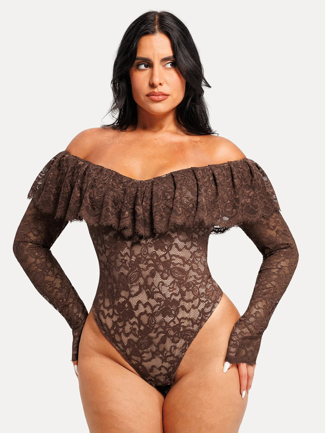 Popilush® Brown / XS Shapewear Deep V Ruffle Lace Long Sleeve Bodysuit