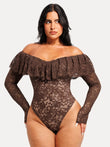 Popilush® Brown / XS Shapewear Deep V Ruffle Lace Long Sleeve Bodysuit