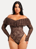 Popilush® Brown / XS Shapewear Deep V Ruffle Lace Long Sleeve Bodysuit