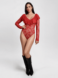 Popilush® Red / XS Shapewear Deep V Ruffle Lace Long Sleeve Bodysuit