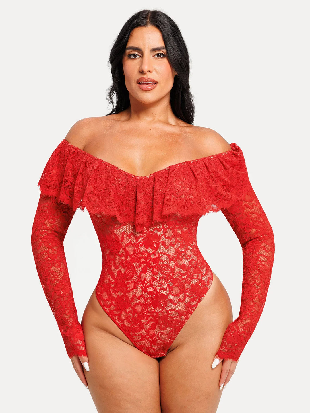 Popilush® Red / XS Shapewear Deep V Ruffle Lace Long Sleeve Bodysuit