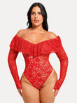 Popilush® Red / XS Shapewear Deep V Ruffle Lace Long Sleeve Bodysuit