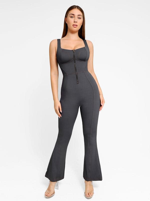 Popilush® Denim Casual Jumpsuit Tank Jumpsuit / Black / XS Shapewear Denim Short Sleeve Zip Front Butt Lift Jumpsuit