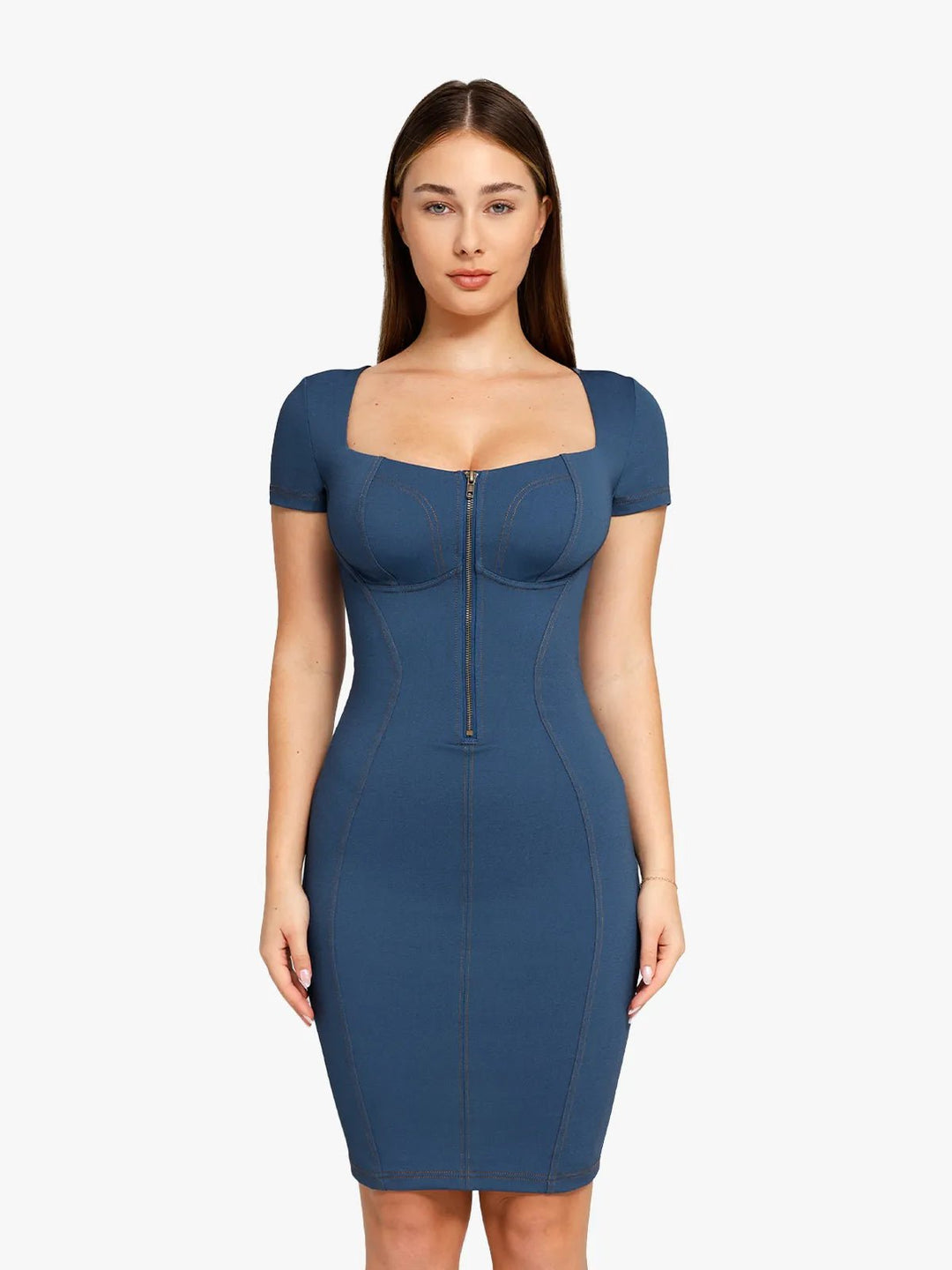 Shapewear Denim Square Neck Midi Dress | Tummy Control - Popilush Shapewear Denim Square Neck Midi Dress | Tummy Control - Popilush