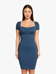 Blue denim-look shapewear midi dress with square neck, tummy control, and zipper.