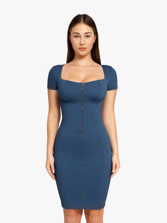 Vestido midi de mezclilla con escote cuadrado y control de abdomen