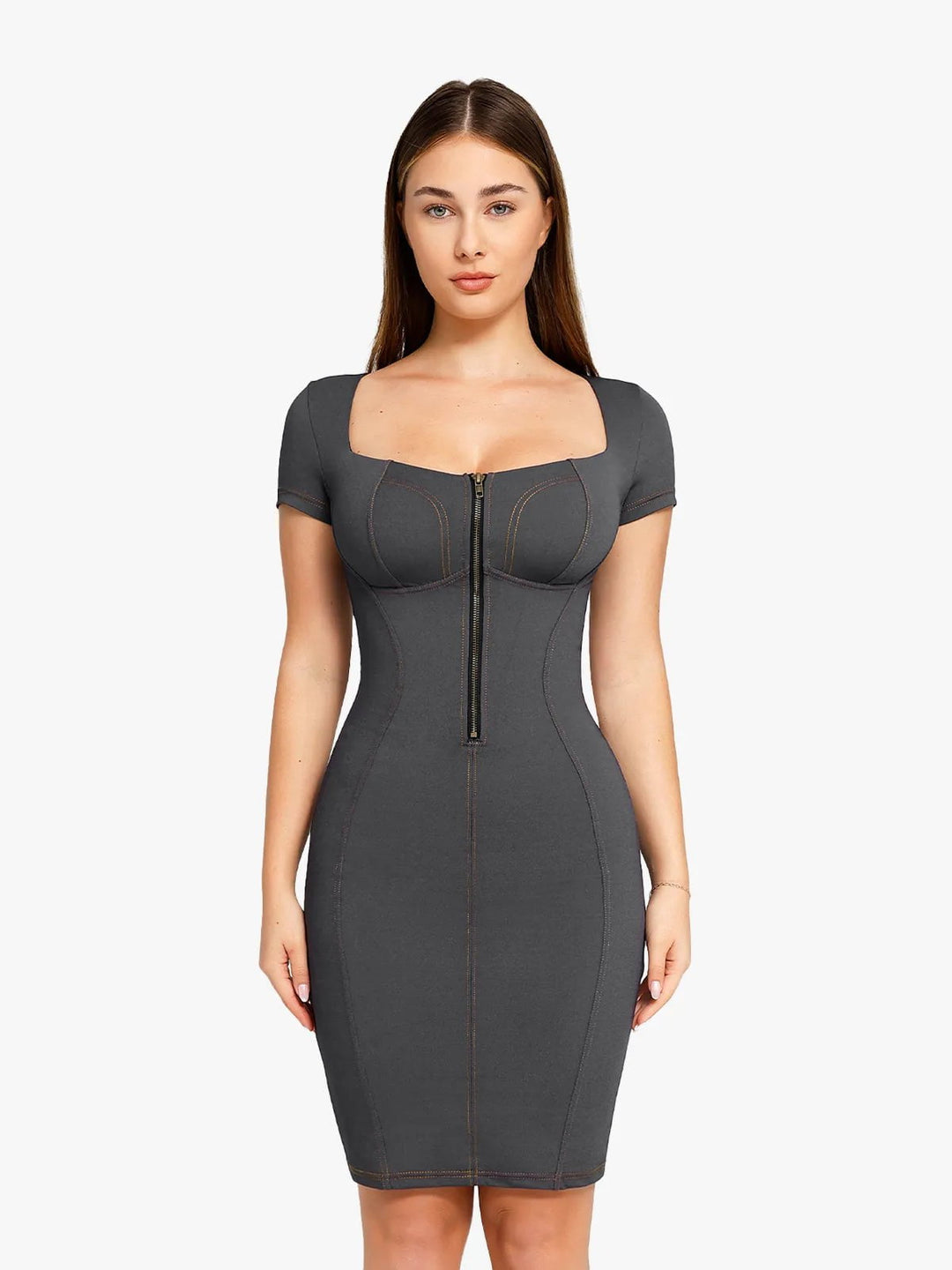 Shapewear Denim Square Neck Midi Dress | Tummy Control - Popilush Shapewear Denim Square Neck Midi Dress | Tummy Control - Popilush