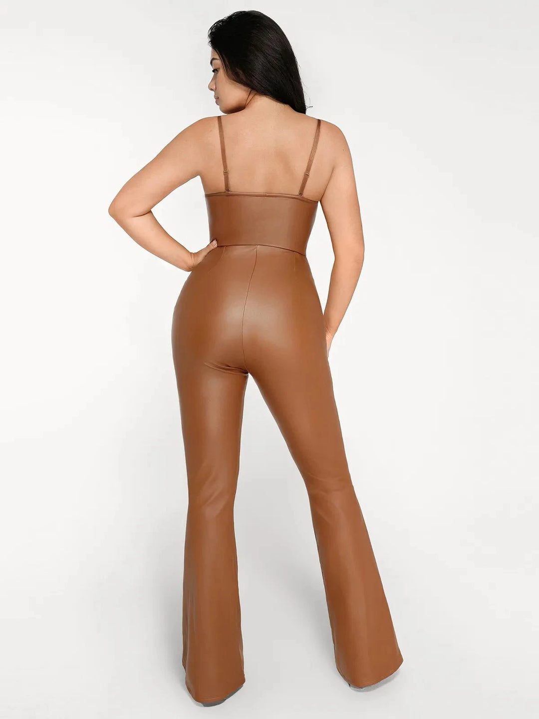 Popilush® Sexy Slip Flare Jumpsuit Shapewear Faux Leather Corset Bodice Slimming Jumpsuit