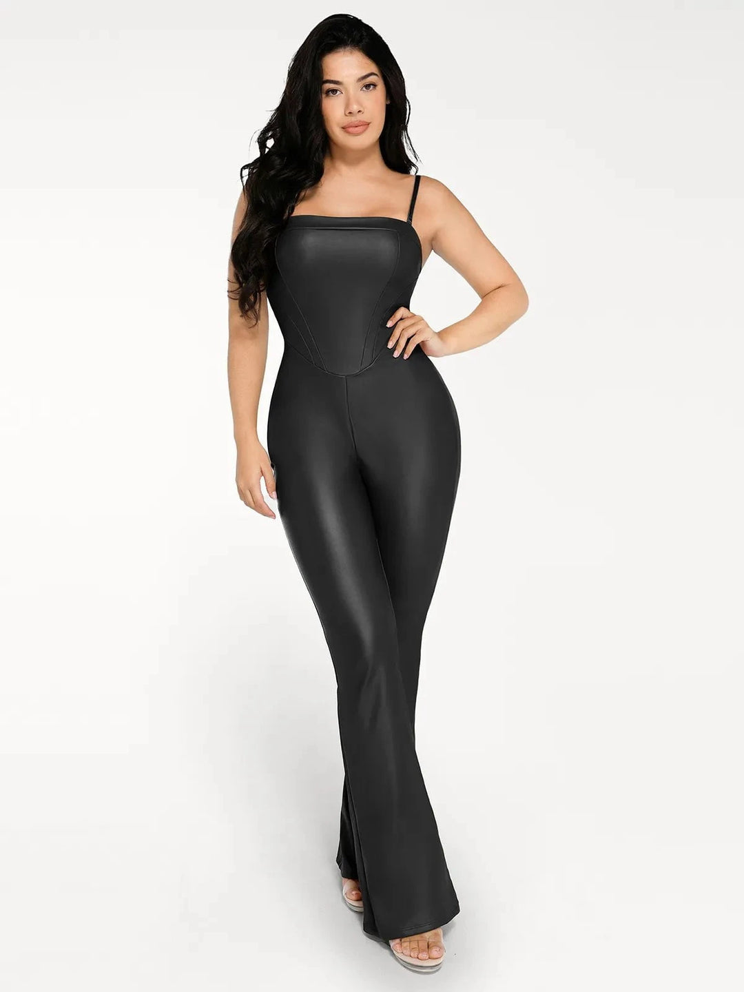 Popilush® Sexy Slip Flare Jumpsuit Shapewear Faux Leather Corset Bodice Slimming Jumpsuit