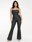 Black faux leather corset bodice slimming jumpsuit with flared legs.