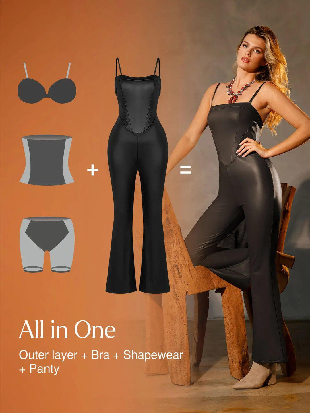 Popilush® Sexy Slip Flare Jumpsuit Shapewear Faux Leather Corset Jumpsuit Set