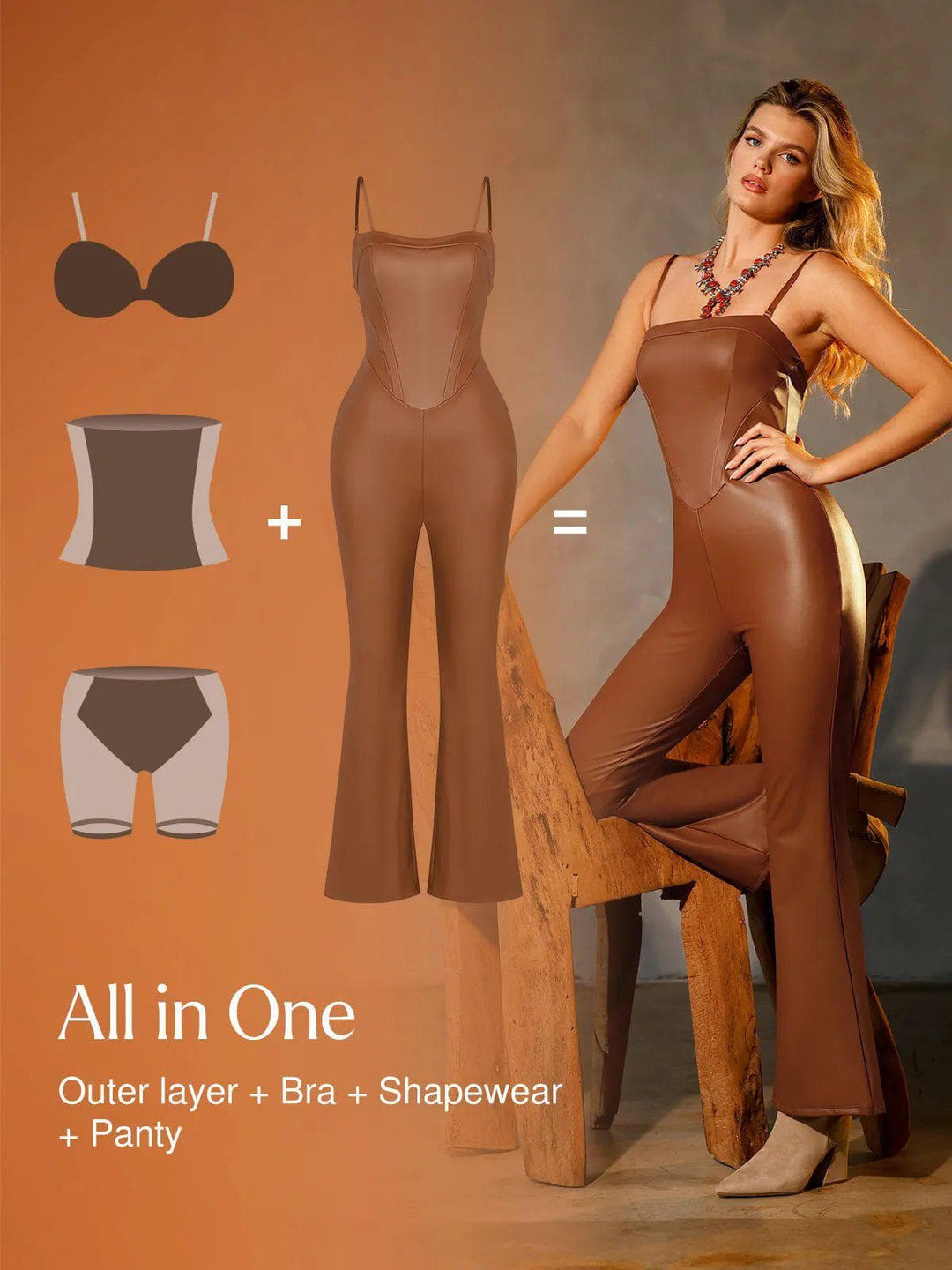 Popilush® Sexy Slip Flare Jumpsuit Shapewear Faux Leather Corset Jumpsuit Set