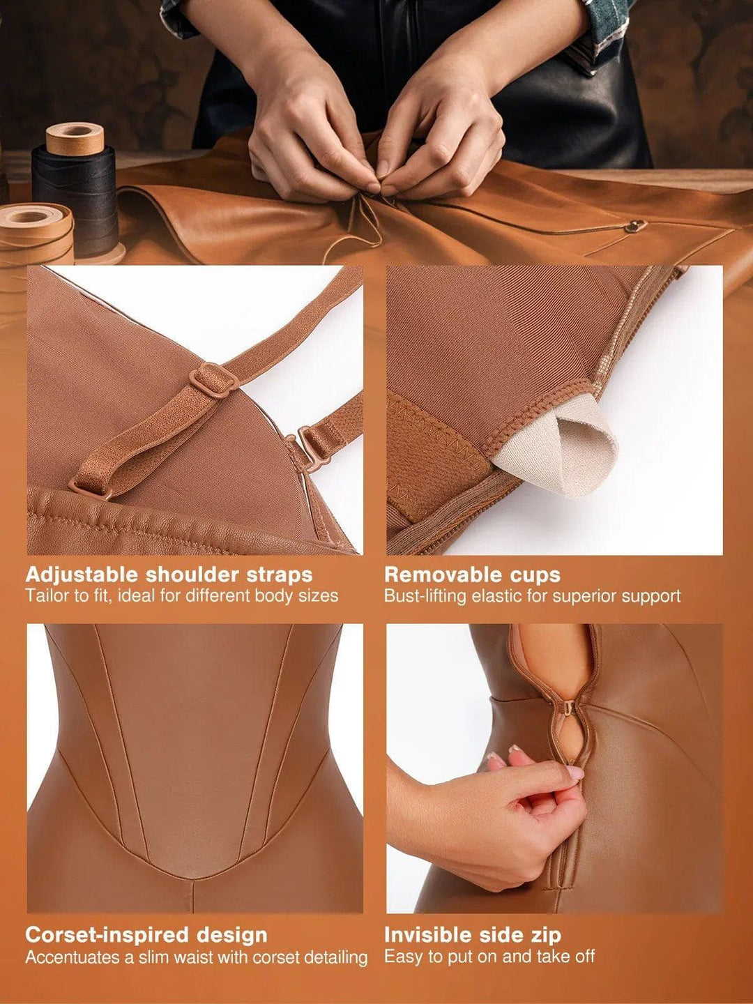 Popilush® Sexy Slip Flare Jumpsuit Shapewear Faux Leather Corset Jumpsuit Set