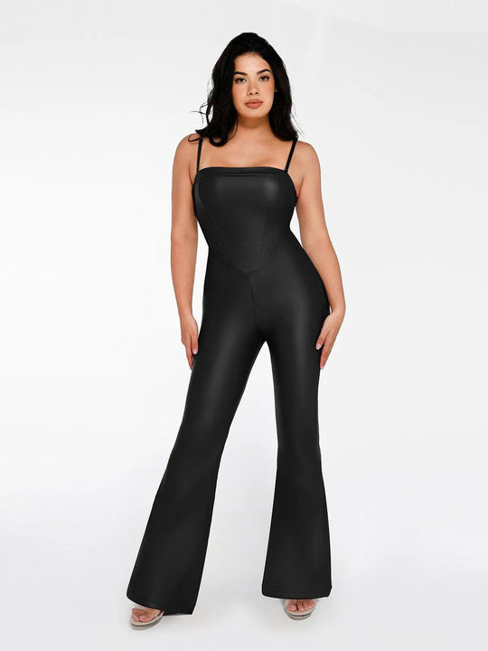 Popilush® Sexy Slip Flare Jumpsuit Jumpsuit / Black / XS Shapewear Faux Leather Corset Jumpsuit Set