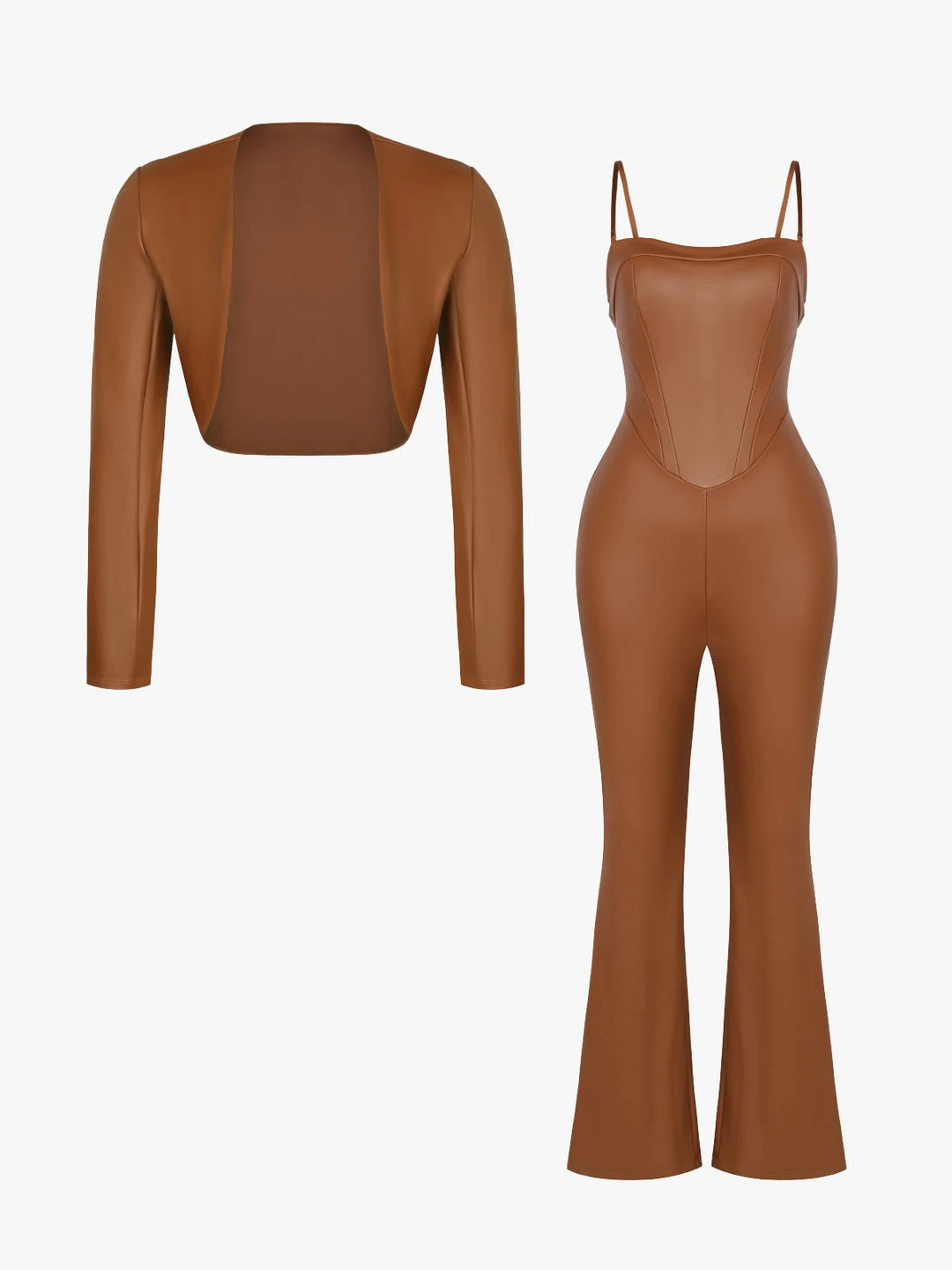 Popilush® Sexy Slip Flare Jumpsuit Set / Brown / XS Shapewear Faux Leather Corset Jumpsuit Set