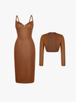 Popilush® brown faux leather dress with bolero, stylish set.