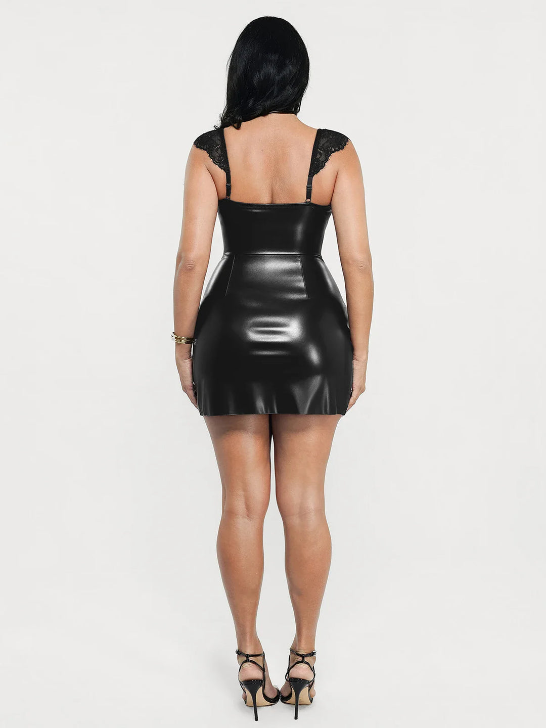 Popilush® Shapewear Faux Leather Draped Lace Mini Dress