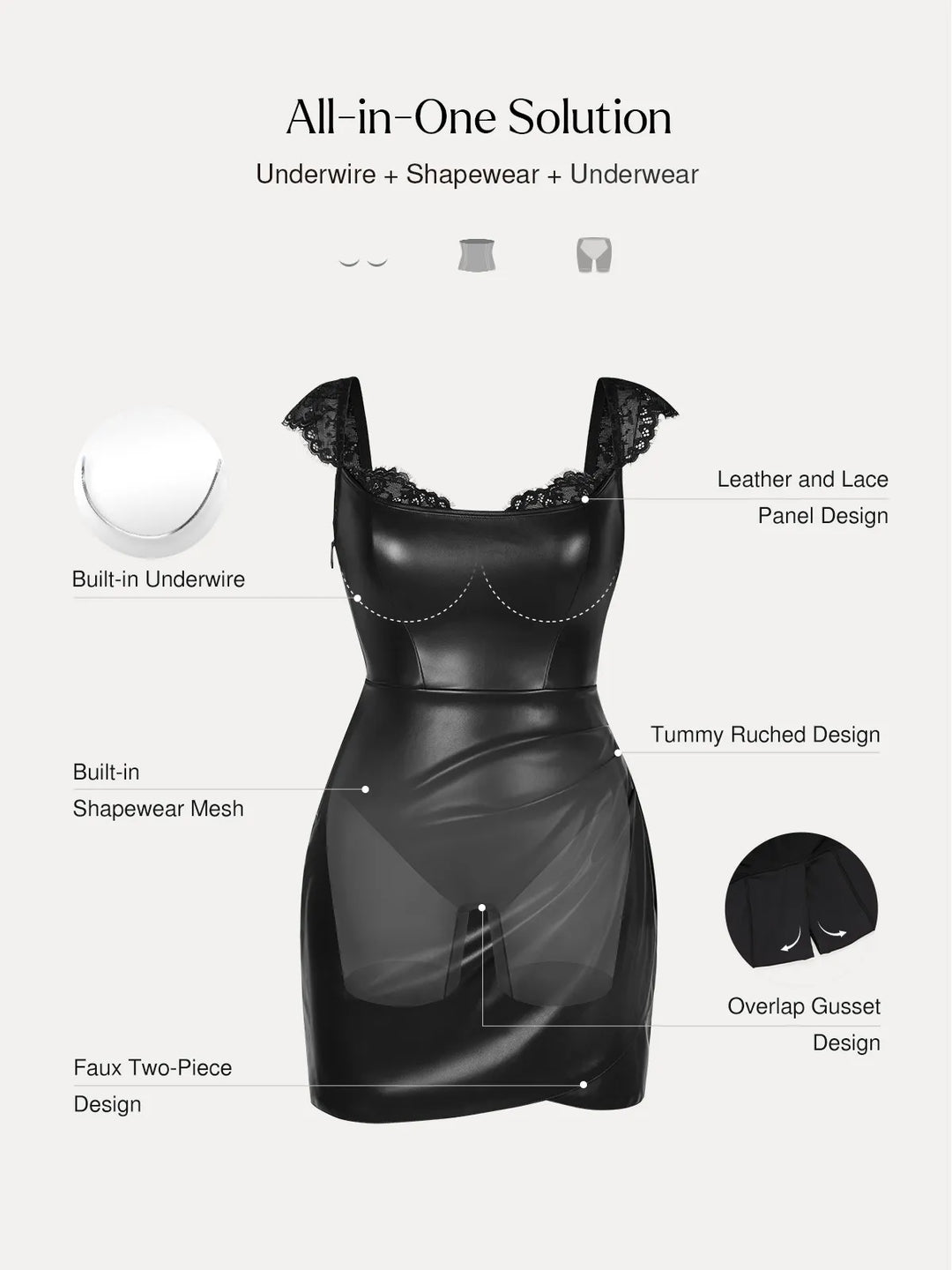 Popilush® Shapewear Faux Leather Draped Lace Mini Dress