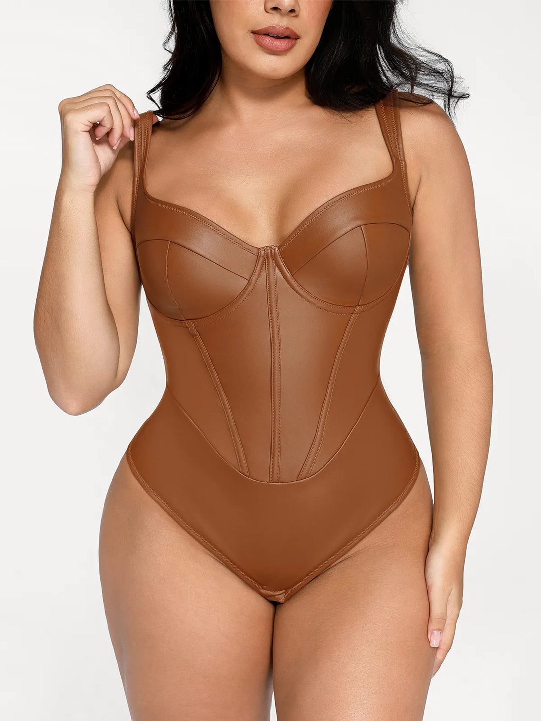 Popilush® Sculpting Tummy Control Sleeveless Body Shaper Shapewear Faux Leather Hourglass Corset Bodysuit