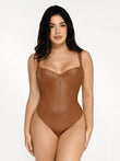Brown faux leather hourglass corset bodysuit with wide straps