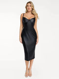 Popilush® Slip Bodycon Party Cocktail Evening Gown Black / XS Shapewear Faux Leather Hourglass Corset Midi Dress