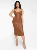 Popilush® Slip Bodycon Party Cocktail Evening Gown Brown / XS Shapewear Faux Leather Hourglass Corset Midi Dress