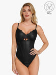 Black Faux Leather shapewear bodysuit by Popilush®, featuring corset design.