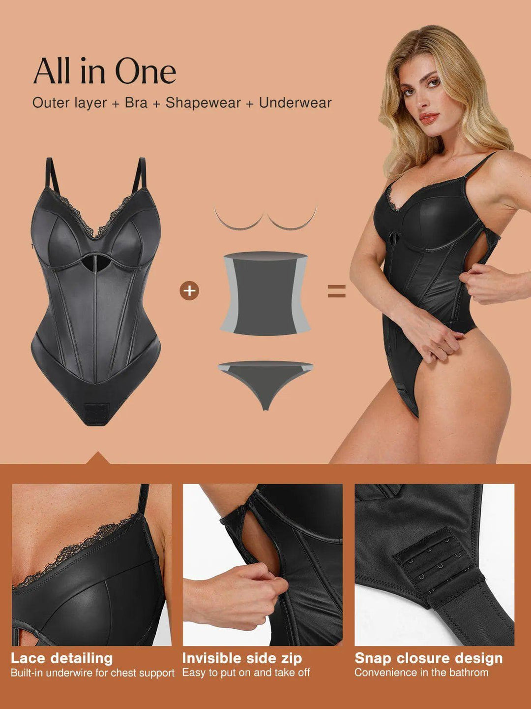 Popilush® Sexy Stylish Outfits Shapewear Faux Leather Hourglass Cutout Corset Bodysuit Butt Lifting Skirt Set