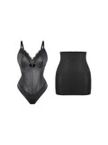 Popilush® Sexy Stylish Outfits Set / Black / S Shapewear Faux Leather Hourglass Cutout Corset Bodysuit Butt Lifting Skirt Set