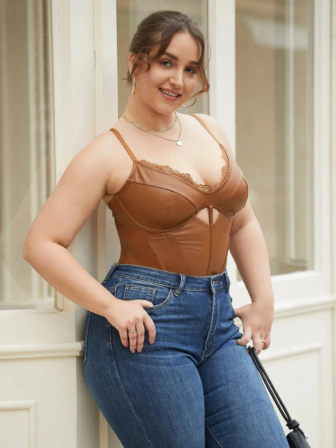 Popilush® Tops Body Shaper Slip Thong Shapewear Faux Leather Hourglass Cutout Corset Bodysuit